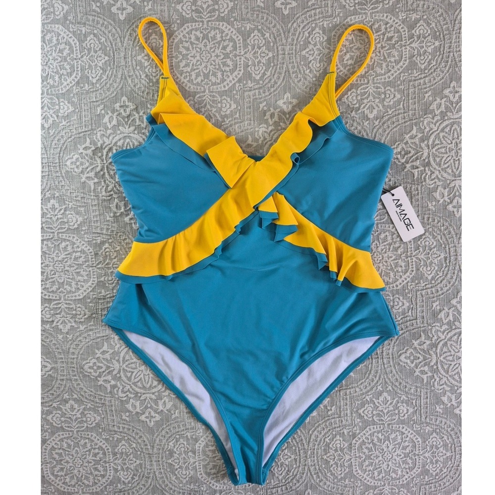 Aimage‎ Womens Ruffle One Piece Swimsuit Teal Yellow Colorblock XL New